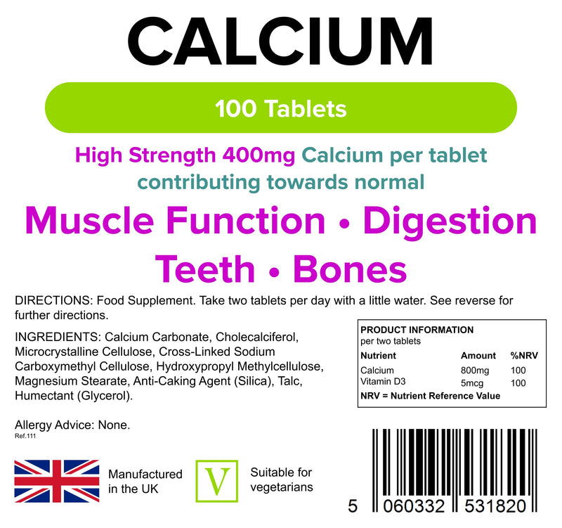 [Australia] - Lindens Calcium 400mg Tablets with Vitamin D3-100 Tablets - Contributes to Normal Muscle Function, Bones, Teeth and Digestion - 50 Days - UK Manufacturer, Letterbox Friendly 