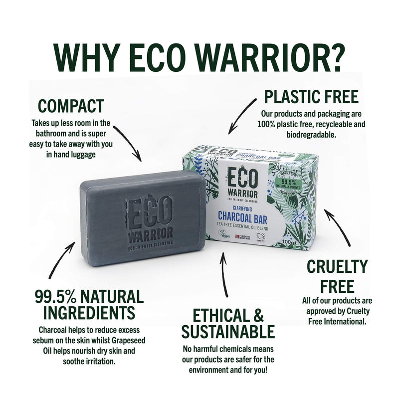 [Australia] - Eco Warrior Clarifying Charcoal Soap Bar - Whole Body Soap - Moisturising Charcoal, Grapeseed and Anti Bacterial Tea Tree Essential Oil - Natural, Eco Friendly, Vegan & Cruelty Free Bar of Soap - 100g Charcoal, Grapeseed & Tea Tree Oils 