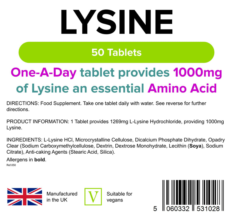 [Australia] - Lindens Lysine 1000mg Tablets - 50 Pack - Each Tablet Yields 1000mg Free-Form Lysine in A Convenient One-a-Day Tablet - UK Manufacturer, Letterbox Friendly 