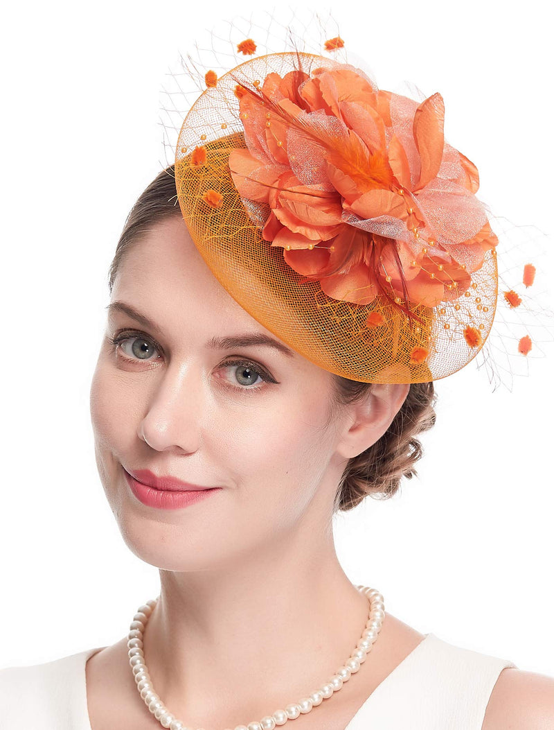 [Australia] - Fascinators Hats for Womens 50s Headwear with Veil Flower Cocktail Wedding Tea Party Church Derby Hat 1-4-orange 