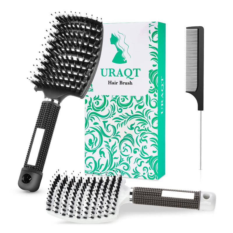 [Australia] - URAQT Hair Brush, 2 Pcs Boar Bristle Paddle Hairbrush with Tail Comb, Soft Massage Vent Brush for Men Women, Detangle Hair Brush for Long Thick Curly Hair, Reducing Hair Breakage (Black & White) Black & White 