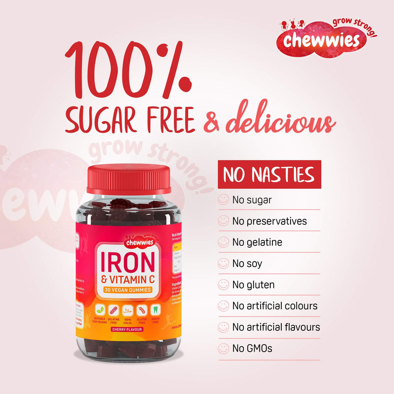 [Australia] - Iron & Vitamin C - Vegan Chewable Gummies - Sugar Free Ferrous Sulfate Iron | Helps Strengthen Your Immune System | 1-Month Supply by Chewwies Vitamins 