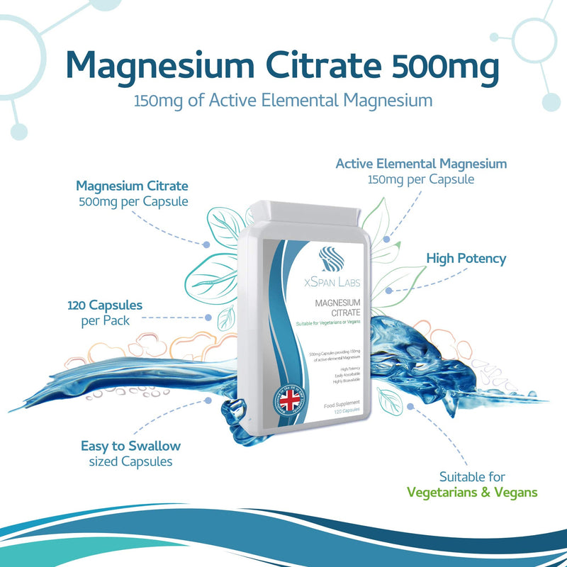 [Australia] - Magnesium Citrate 500mg 120 Capsules - Providing 150mg of Active Elemental Magnesium - High Potency - Easily Absorbable - Highly Bioavailable - UK Manufactured 