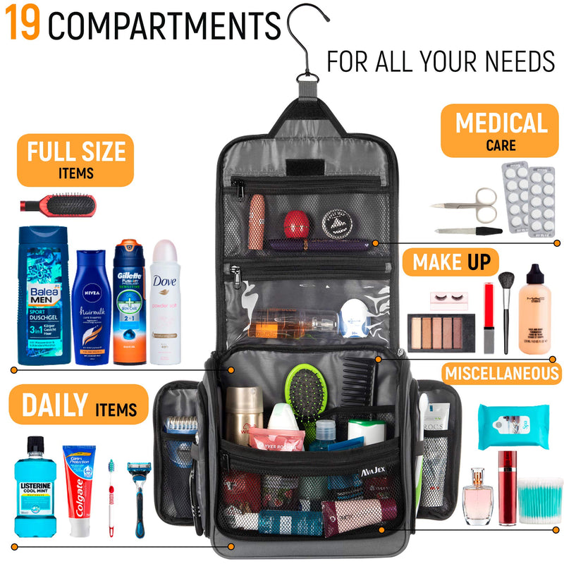 [Australia] - Large Hanging Travel Toiletry Bag for Men and Women - Premium Toiletry Organizer - Waterproof Hygiene Bag with Metal Xxl Swivel Hook, YKK Zippers and 19 Compartments for Toiletries, Makeup, Cosmetics Gray 