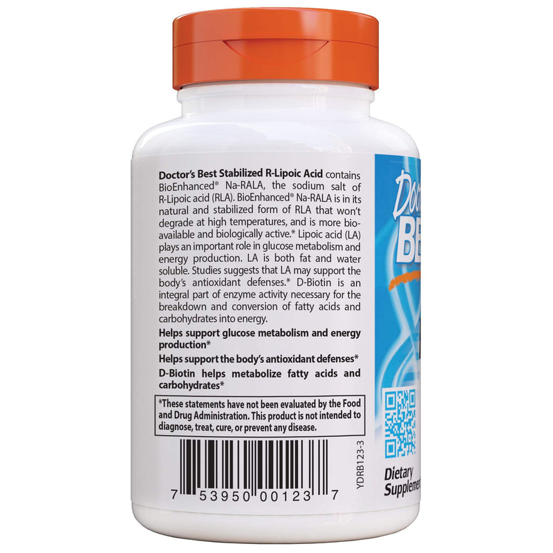 [Australia] - Doctor's Best Stabilized R-Lipoic Acid with BioEnhanced Na-RALA, Non-GMO, Gluten Free, Vegan, Helps Maintain Blood Sugar Levels, 100 mg 60 Veggie Caps (DRB-00123) 