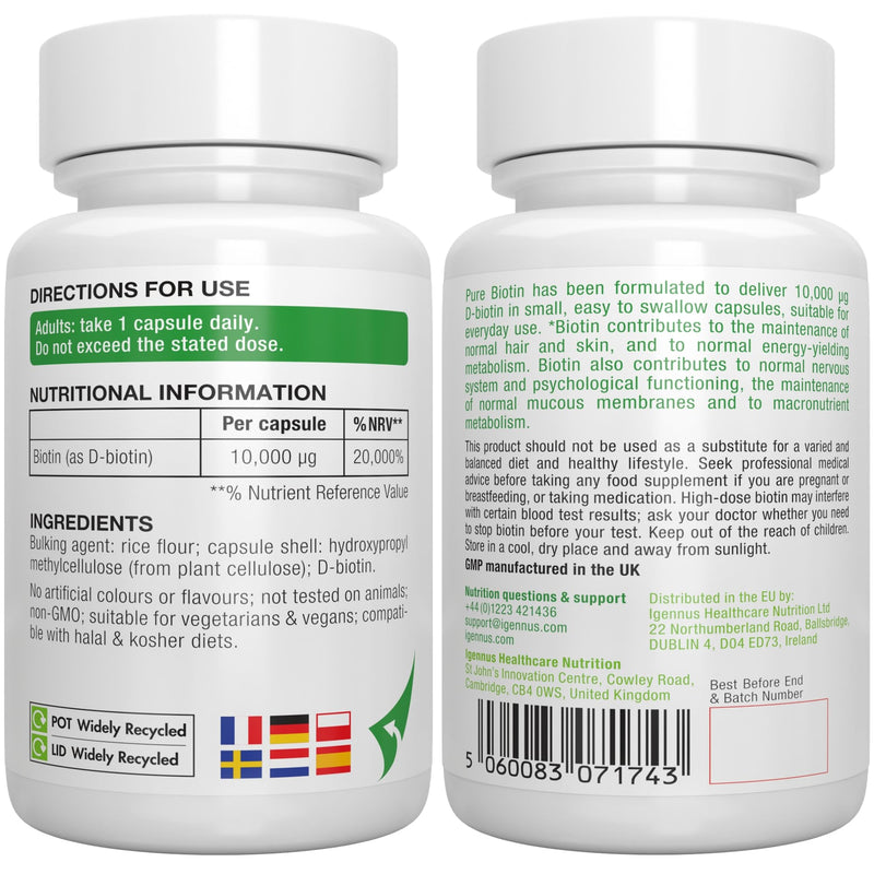[Australia] - Pure Biotin 10,000 mcg, D-Biotin, Clean Ingredients, 1-a-Day, 180 Capsules, Lab Verified, Vegan & Hypoallergenic, Supplement for Hair Growth, Skin & Energy, by Igennus 
