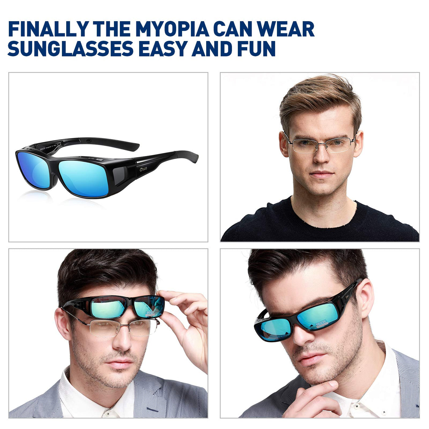 DUCO Unisex Wraparound Fitover Glasses Polarized Wear Over Sunglasses 8953  L Size Black Frame Revo Blue Lens