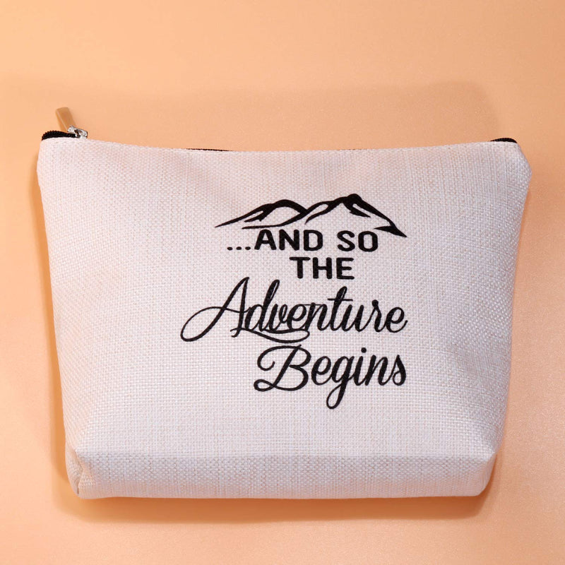 [Australia] - PXTIDY and So The Adventure Begins Makeup Bag Graduation Gift Cosmetic Bag New Job Farewell Divorce Congratulations New Adventure Gifts for Women, Friend, Sister, Coworker (Beige) Beige 
