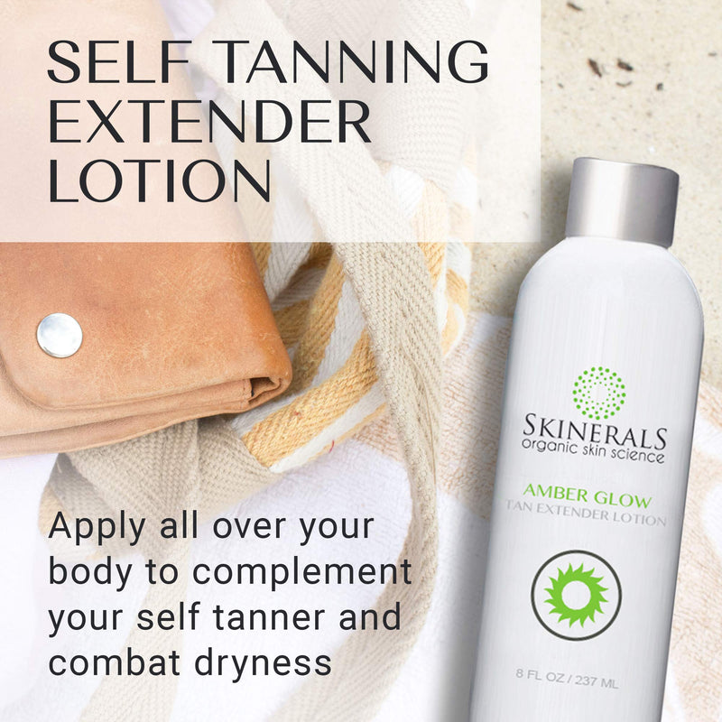 [Australia] - Skinerals Premium Self Tanning Set with Natural & Organic Ingredients, Californium Sunless Bronzer, Amber Glow Tan Extender Lotion, & Tanning Mitt & Exfoliator Glove Set 