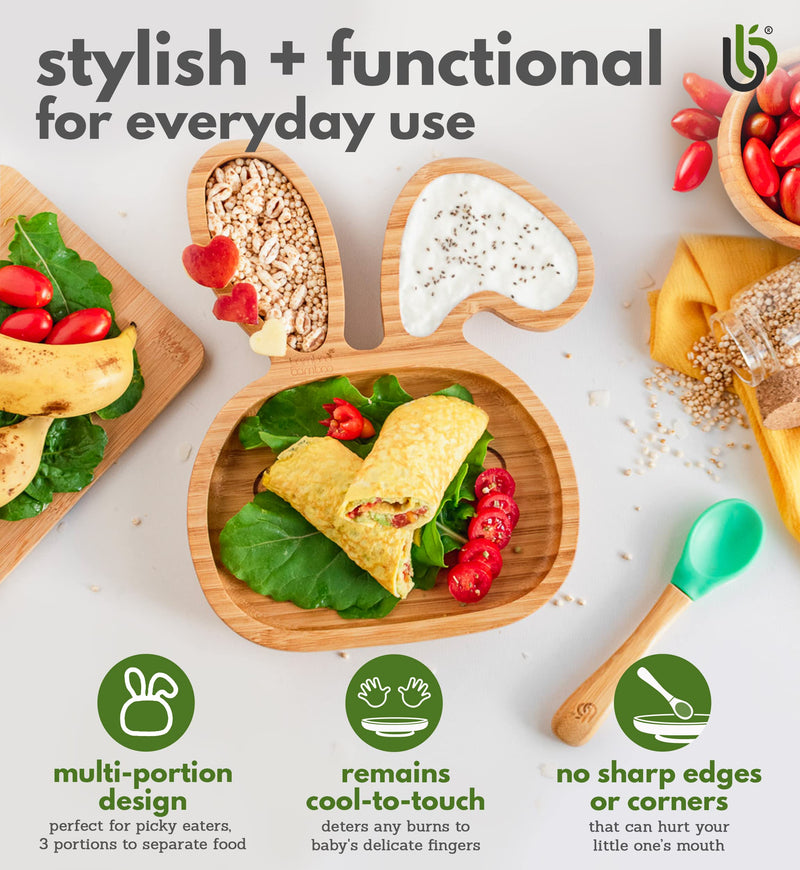 [Australia] - bamboo bamboo ® Baby Plate– Kids and Toddler Suction Cup Bamboo Plate for Babies | Non-Toxic | Cool to The Touch | Ideal for Baby-Led Weaning (Bunny, Blue) 