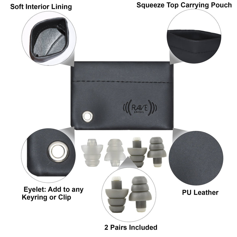 [Australia] - Rave High Fidelity Ear Plugs: HiFi Hearing Protection for Music, Concert; Noise Reducing Earplugs Help Stop Tinnitus; Ear Buds Filter Noise for Ear Protection (Black Case) (2 Pairs - 19/25 Decibel) 