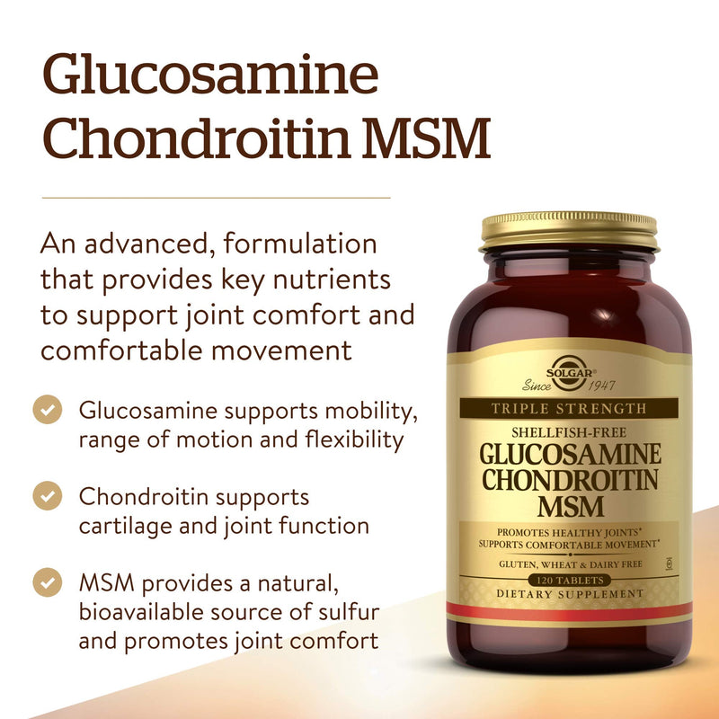 [Australia] - Solgar Triple Strength Glucosamine Chondroitin MSM, 120 Tablets - Promotes Healthy Joints, Supports Comfortable Movement - Shellfish Free - Gluten Free, Dairy Free - 60 Servings 120 Count (Pack of 1) 