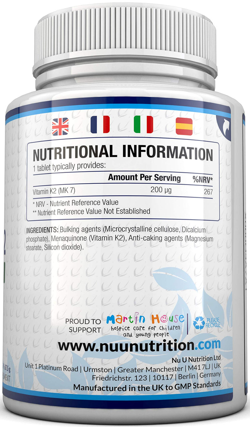 [Australia] - Vitamin K2 MK 7 200mcg - 365 Vegetarian and Vegan Tablets (not Capsules) - One Year Supply of High Strength Vitamin K2 Menaquinone MK7 from Trans-Isomer by Nu U Nutrition 