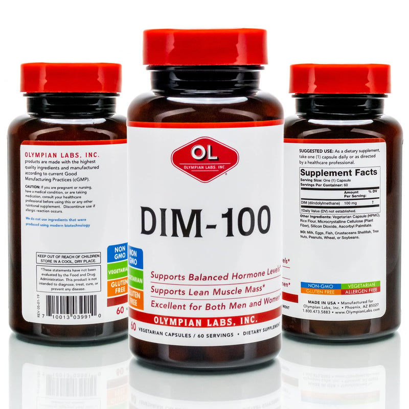 [Australia] - Olympian Labs DIM Supplement 100mg - DIM Diindolylmethane 60 Capsule Supply of DIM for Estrogen Balance, Hormone Menopause Relief, Acne Treatment, PCOS, Bodybuilding 100 MG, 60 Caps 