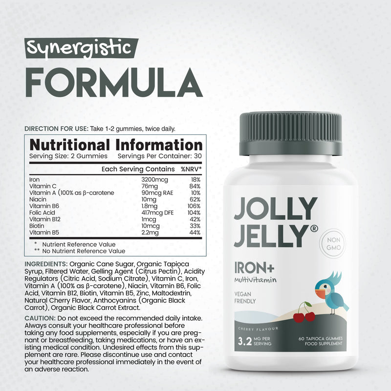 [Australia] - Iron & Multivitamins Tapioca Gummies - 3200mcg - Potent Formula for Energy & Immunity, Made with Organic Tapioca, Cherry Flavour - Kosher, Halal, Non GMO - 60 Vegan Fruity Gummies. 