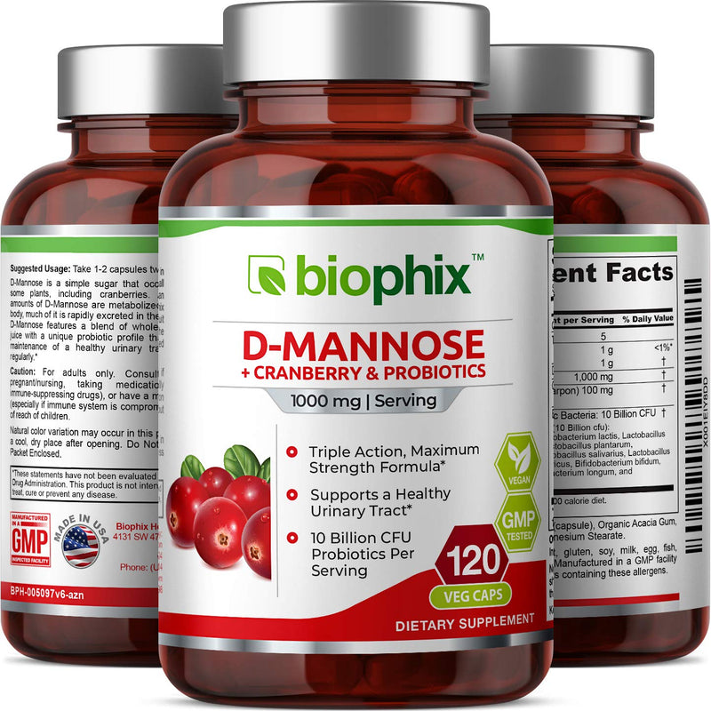 [Australia] - D-Mannose Plus Cranberry and Probiotics 1000 mg 120 Vcaps - Supports Urinary Bladder Tract Health and Digestive Well Being 