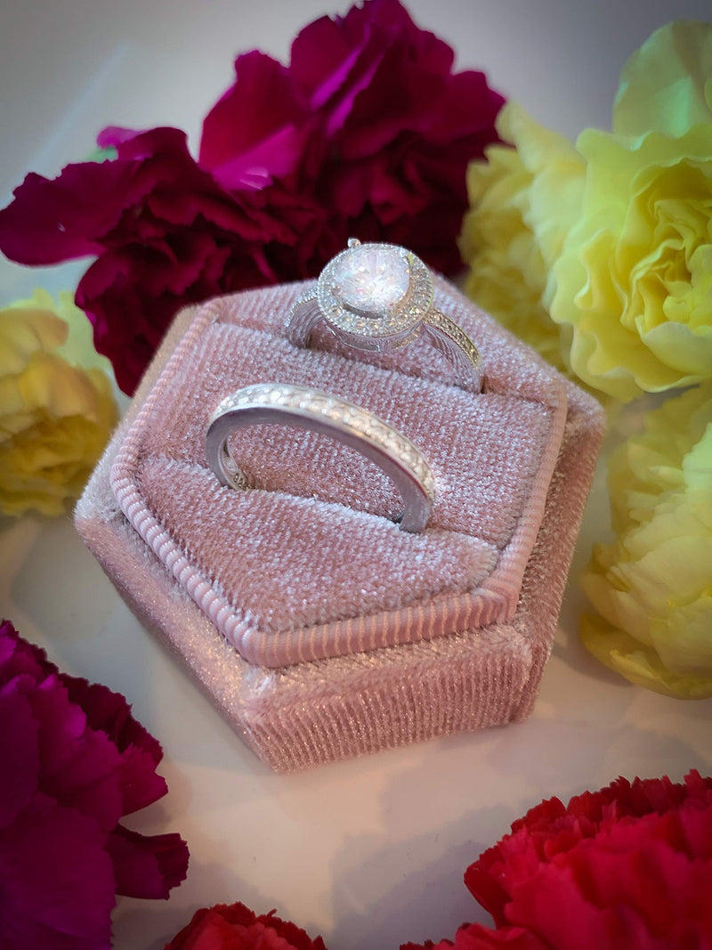 [Australia] - The Lux Box: Gorgeous Antique Velvet Geometric Ring Boxes for Proposals and Wedding Photos || Hexagon and Oval || Single or Double Rings || Fits Slim Bands (Dusty Rose Hexagon Double) Dusty Rose Hexagon Double 