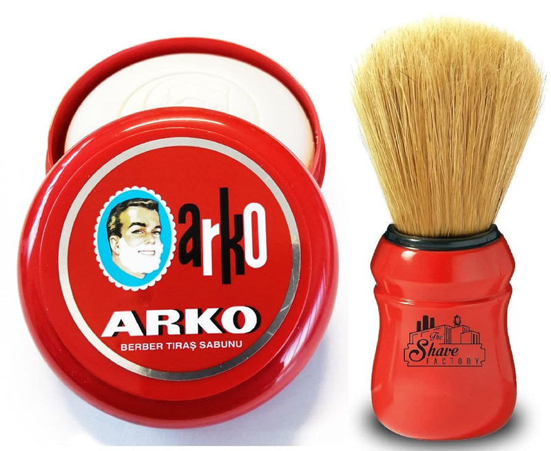 [Australia] - Arko/Omega Shaving Soap- 90g, Bowl Case + Omega Shaving Brush, Natural Boar Bristle, Red 