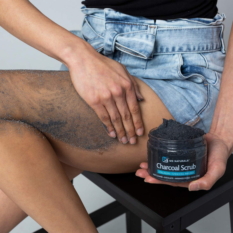 [Australia] - M3 Naturals Charcoal Exfoliating Body Scrub with Collagen & Stem Cell - Gentle Body Exfoliator, Face Scrub, Bump Eraser, Booty Scrub - Best Shower Scrub - Skin Exfoliant for Men & Women 12 oz 