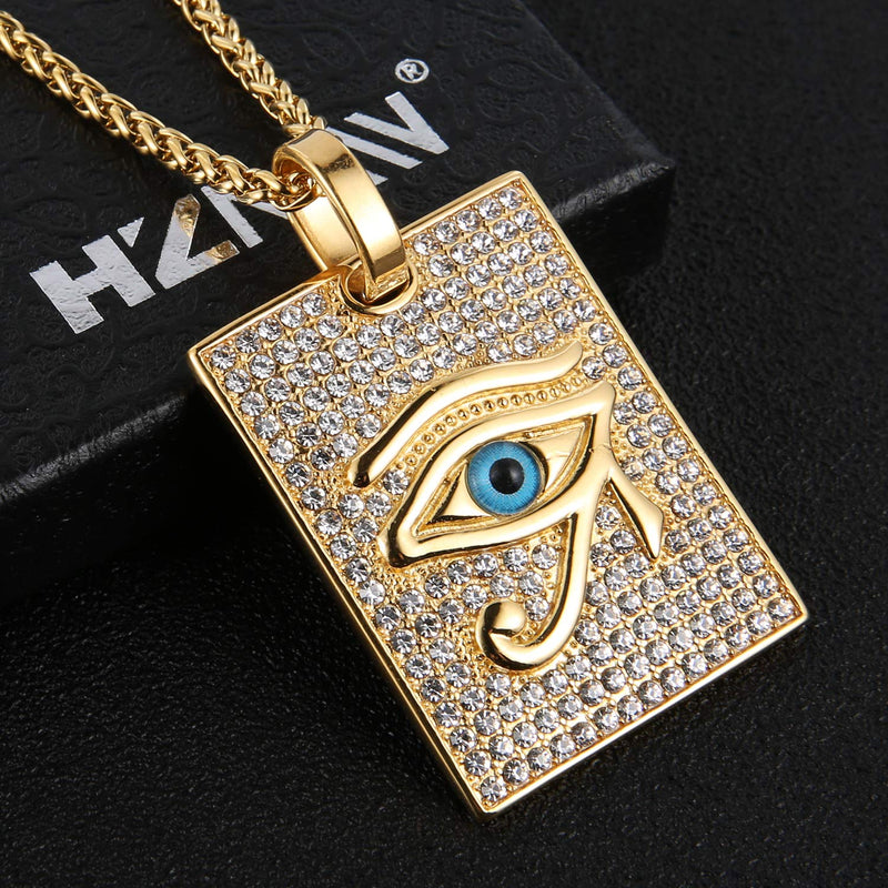 [Australia] - HZMAN 18k Gold Plated Iced Out Eye of Horus Egypt Protection Cross Dog Tag Pendant Stainless steel Necklace Dog Tag - Blue 