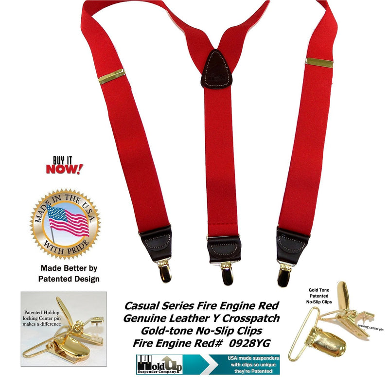 [Australia] - Holdup Y-back Fire Engine bright Red Casual Series Suspenders with Patented Gold-tone No-slip Clips 