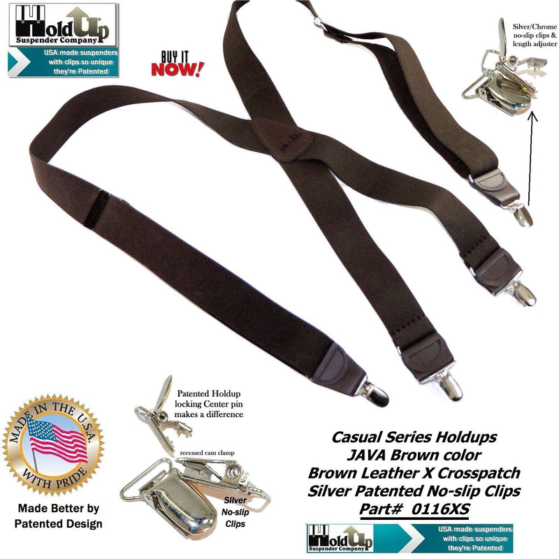 [Australia] - Hold-Up Dark Java Brown X-back Suspenders with Patented No-slip Silver Clips 