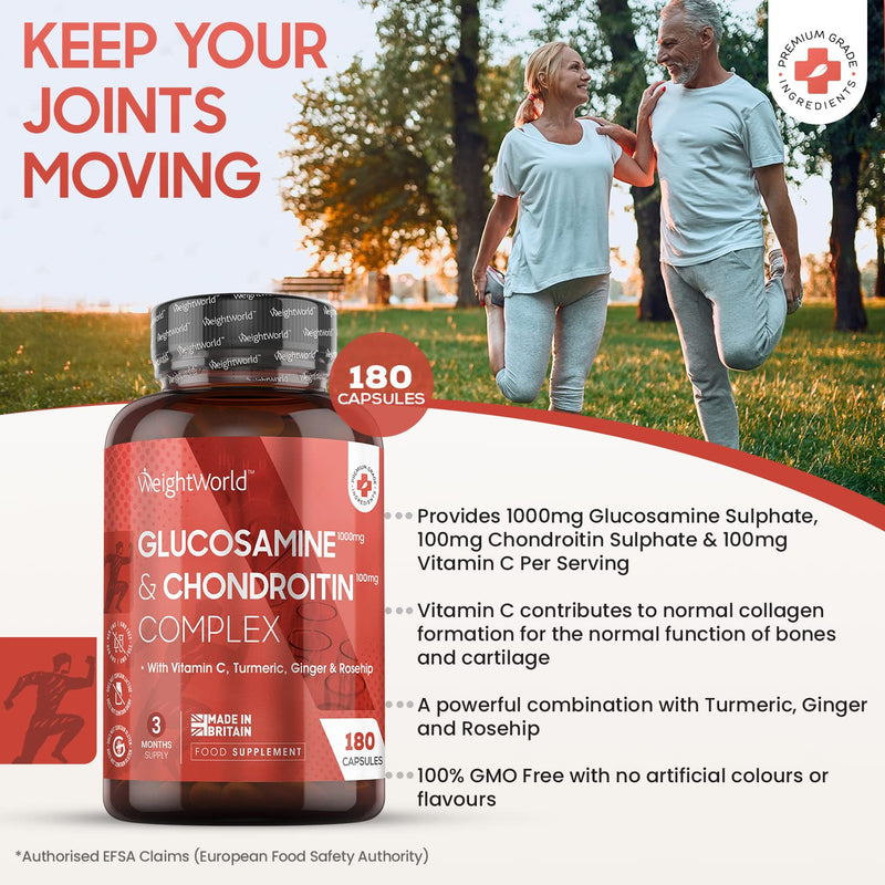 [Australia] - Glucosamine and Chondroitin High Strength - 180 Capsules (3 Month Supply) - Glucosamine Complex with Ginger, Vitamin C, Turmeric, Rosehip - Glucosamine Sulphate 2KCL Bone & Joint Supplements - UK Made 