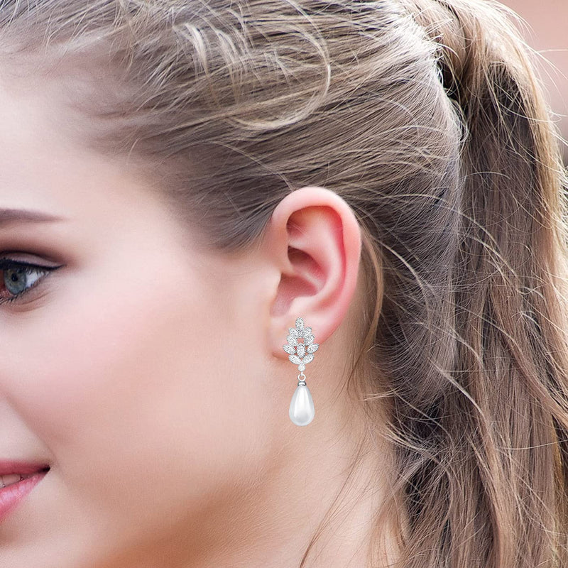 [Australia] - QUKE Women Silver Tone Cubic Zirconia Crystal Simulated Pearl Dangle Bridal Earring Lady Wedding Jewellery Clip on 