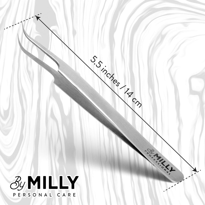 [Australia] - By MILLY Professional - Curved & Pointed Eyelash Extension Tweezers - Lash Tweezers for Classic, Volume Pick-up, Isolation - Precision Point-Tip - Titanium Coated Stainless Steel - 14 cm (5.5 inches) 