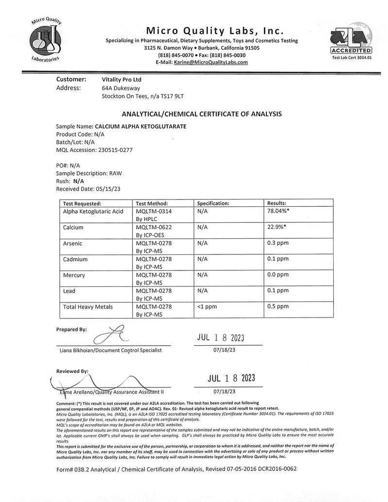 [Australia] - Ca-AKG 500mg x 120 Capsules - Third Party Tested Over 99% Purity - Vitality Pro CaAKG Food Supplement � Pure High Strength Calcium Alpha-Ketoglutarate Formula 