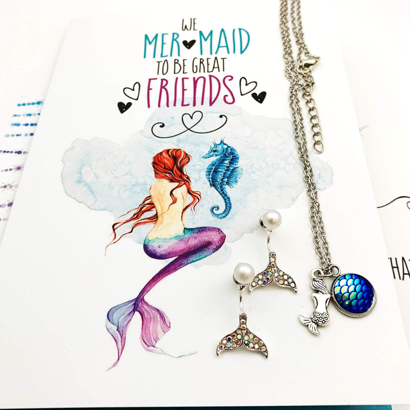 [Australia] - Smiling Wisdom - We Mer-maid to Be Friends Gift Set - Blue Green Scale Mermaid Necklace and Drop Stud Sparkle Earrings Cute Jewelry for Girls, Tween, Teen, Woman Friend - Silver Sparkle - New 