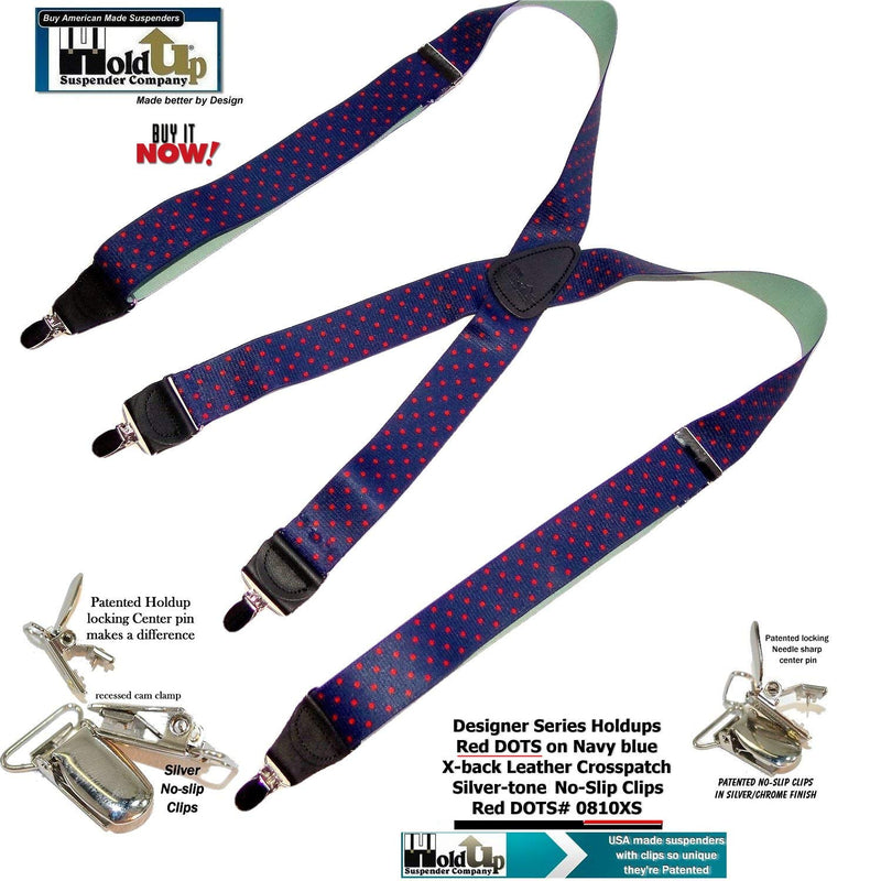 [Australia] - Holdup Designer Series Blue with Red Dot Pattern X-back Suspenders with Silver-tone No-slip Clips 