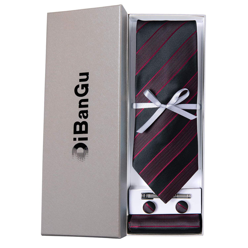 [Australia] - DiBanGu Men's Stripe Tie Silk Woven Necktie Pocket Square Cufflink Set Formal Business Prom Wedding 06 Burgundy Black 