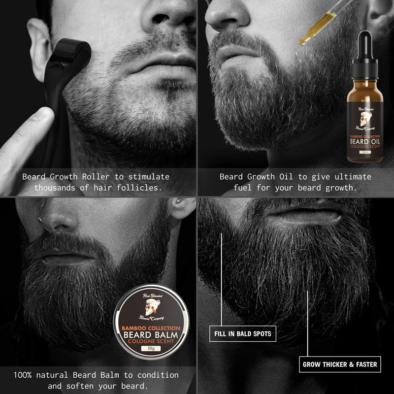 [Australia] - Red-Blooded Beard Growth Kit - Beard Roller + Beard Oil + Beard Balm - Stimulate Beard and Hair Growth with this Cologne Scented Beard Care Gift for Men - 0.5mm Derma Roller for hair Beard Regrowth 