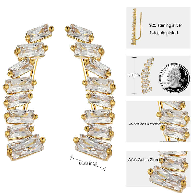 [Australia] - AMORAMOR & FOREVER 14K Gold Ear Climber Cuffs Crawler Earrings For Women Teen Girls Hypoallergenic 8 Square CZ Cubic Zirconia Stud 