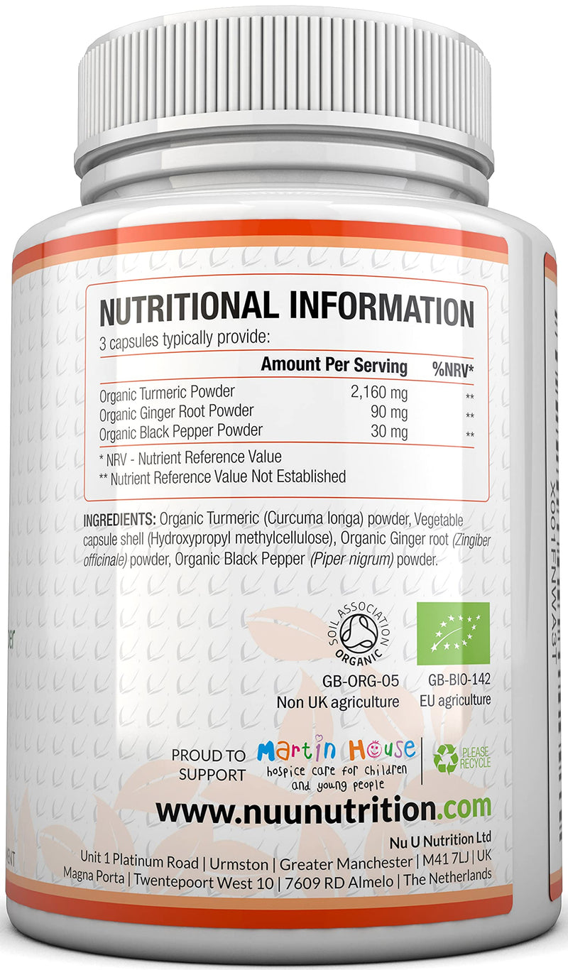 [Australia] - Organic Turmeric Ginger and Black Pepper - 2280 mg per Serving - 240 Vegan Capsules - Soil Association Certified - High Strength Tumeric Curcumin - 4 Months Supply - Nu u Nutrition 