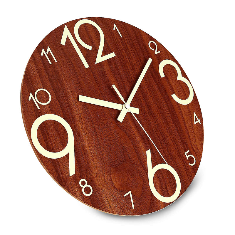 [Australia] - Plumeet Luminous Wall Clock - 12'' Non-Ticking Silent Wooden Clocks with Night Light - Large Decorative Wall Clock for Kitchen Office Bedroom,Battery Operated (Brown Face) Country Rustic 