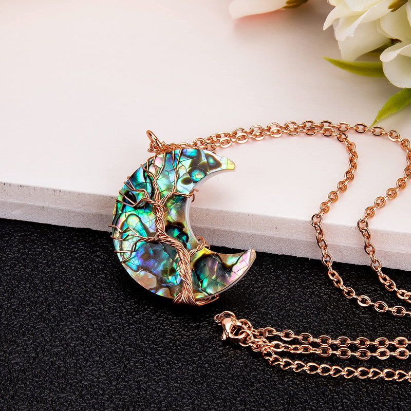 [Australia] - Farfume Crescent Moon Necklace, Tree of Life Wire Wrapped Crystal Pendant Jewelry Natural Gemstones Quartz Abalone shell rose gold plating 