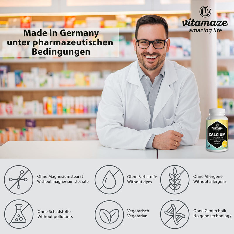 [Australia] - Calcium and Vitamin D3 Tablets 600 mg - Calcium Carbonate High Strength + 400 IU Cholecalciferol per Daily Dose -120 Vegetarian Tablets for 2 Months - Supplement for Bone Density 