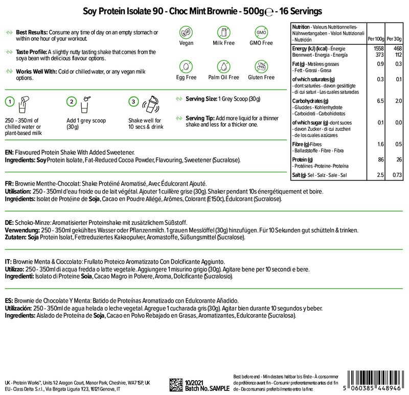 [Australia] - Soy Protein 90 (Isolate) Protein Powder | 100% Plant-Based | Low Fat | No Added Sugar | Gluten-Free | Protein Works | Choc Mint Brownie | 500 g 