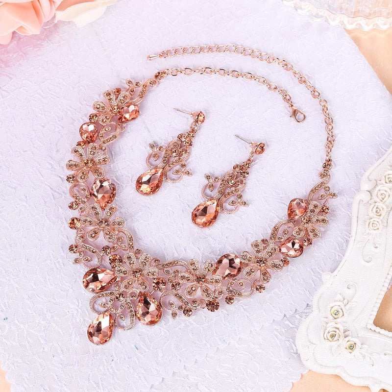 [Australia] - BriLove Women's Costume Elegant Crystal Flower Scroll Teardrop Statement Necklace Dangle Earrings Set Peach Rose-Gold-Tone 