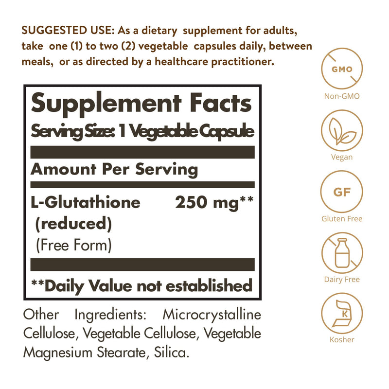 [Australia] - Solgar Reduced L-Glutathione 250 mg, 60 Vegetable Capsules - Antioxidant Support - Free Form Amino Acids - Non-GMO, Vegan, Gluten Free, Dairy Free, Kosher - 60 Servings 