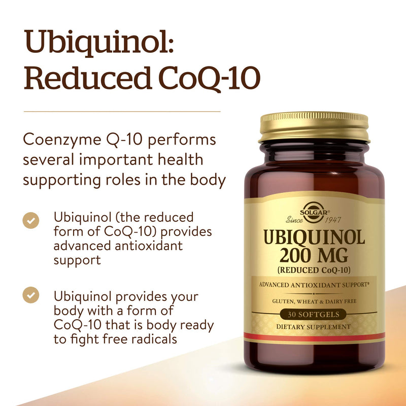 [Australia] - Solgar Ubiquinol 200 mg (Reduced CoQ-10), 30 Softgels - Promotes Heart & Brain Function - Supports Healthy Aging - Coenzyme Q10 - Ubiquinone Supplement - Gluten Free, Dairy Free - 30 Servings 30 Count (Pack of 1) 