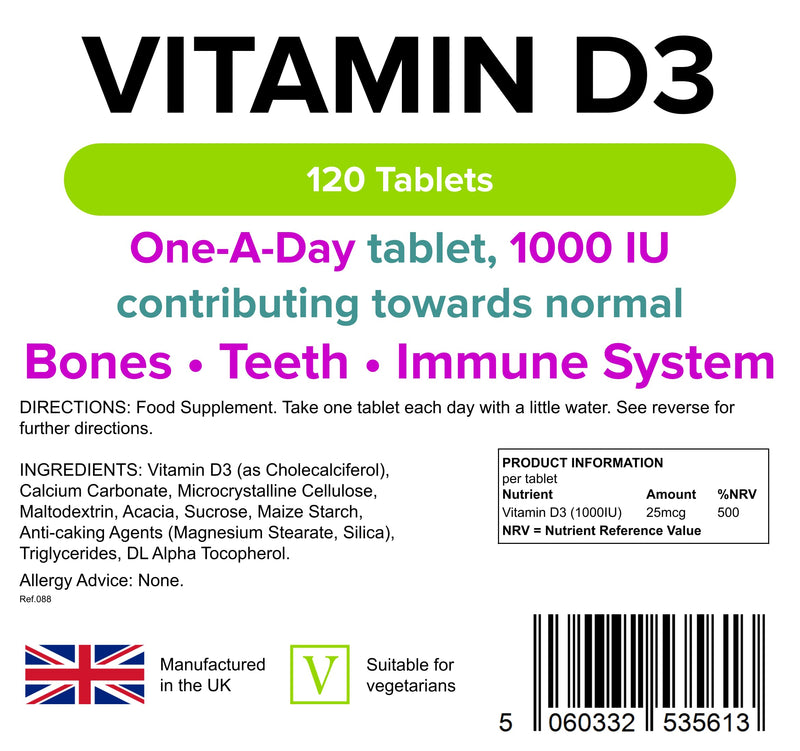 [Australia] - Lindens Vitamin D3 1000IU - 120 Tablets - Immune System, Bones, Teeth, UK Manufacturer Immune Support | (4 Months Supply) | Suitable for Vegetarians | Letterbox Friendly 