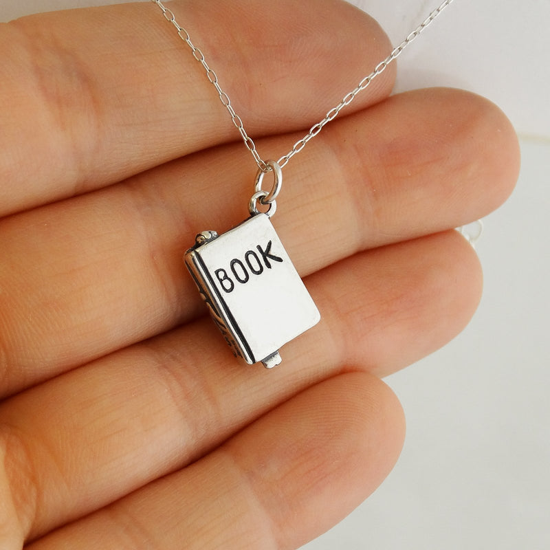 [Australia] - FashionJunkie4Life Sterling Silver Small 3D Book Charm Necklace, 18" Chain 