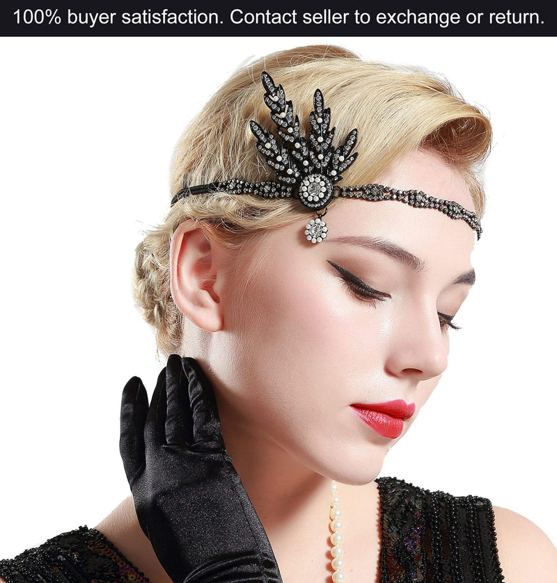 [Australia] - Babeyond Art Deco 1920's Flapper Great Gatsby Inspired Leaf Medallion Pearl Headpiece Headband Black 