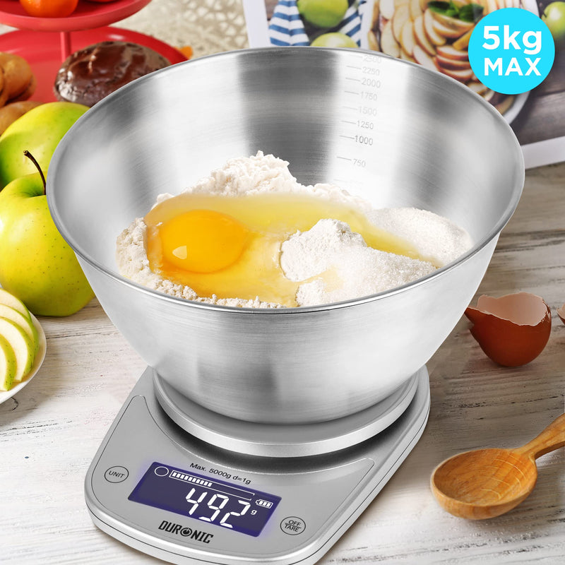 [Australia] - Duronic Kitchen Scales with Bowl KS5000 SR/SS, Postal Baking weighing scale, 2.5L Bowl, 5KG Capacity, Add & Weigh Tare, 1g Precision KS5000SR 
