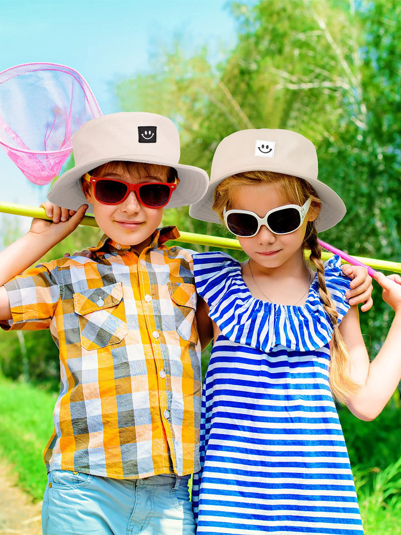 [Australia] - 2 Pieces Kids Bucket Hats Unisex Smile Face Visor Summer Travel Beach Sun Hat Beige 