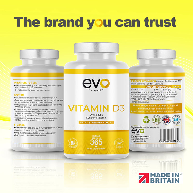 [Australia] - Vitamin D 4000IU High Strength Supplement | 365 Vitamin D3 Softgels - 1 Year Supply (not Tablets) | Vit D3 | One-a-Day | High Absorption Cholecalciferol | Made in UK 