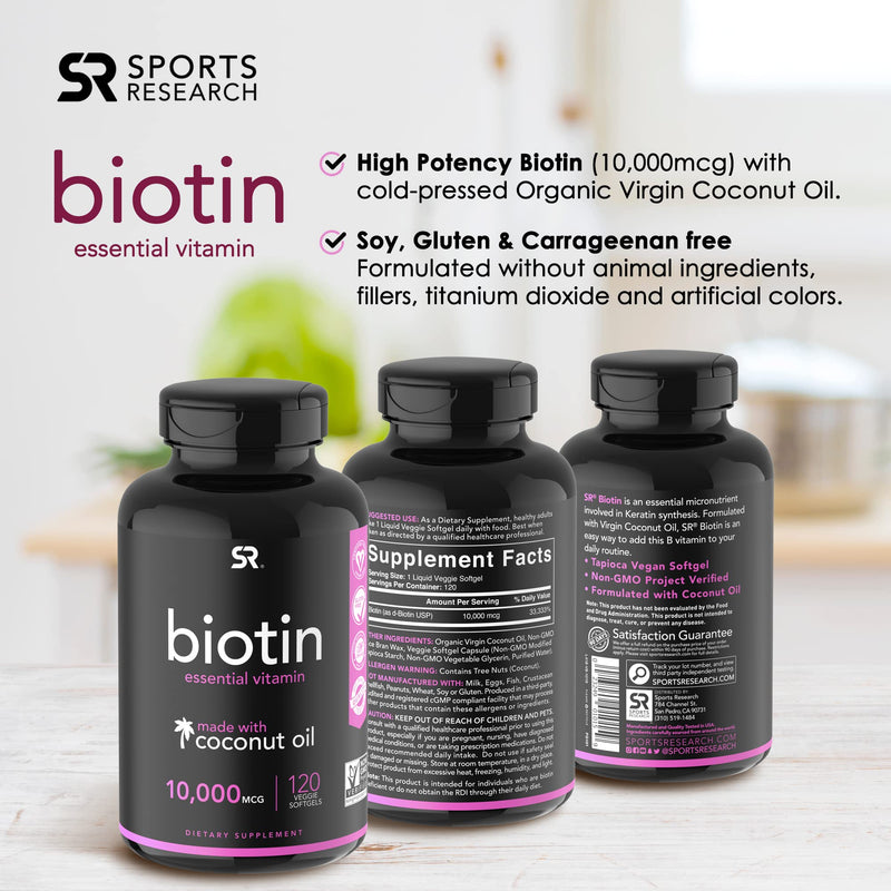 [Australia] - Sports Research Extra Strength Vegan Biotin (Vitamin B) Supplement with Organic Coconut Oil - Supports Keratin for Healthier Hair & Skin - Great for Women & Men - 10,000mcg, 120 Veggie Softgel Capsule 120 Count (Pack of 1) 10,000 mcg 